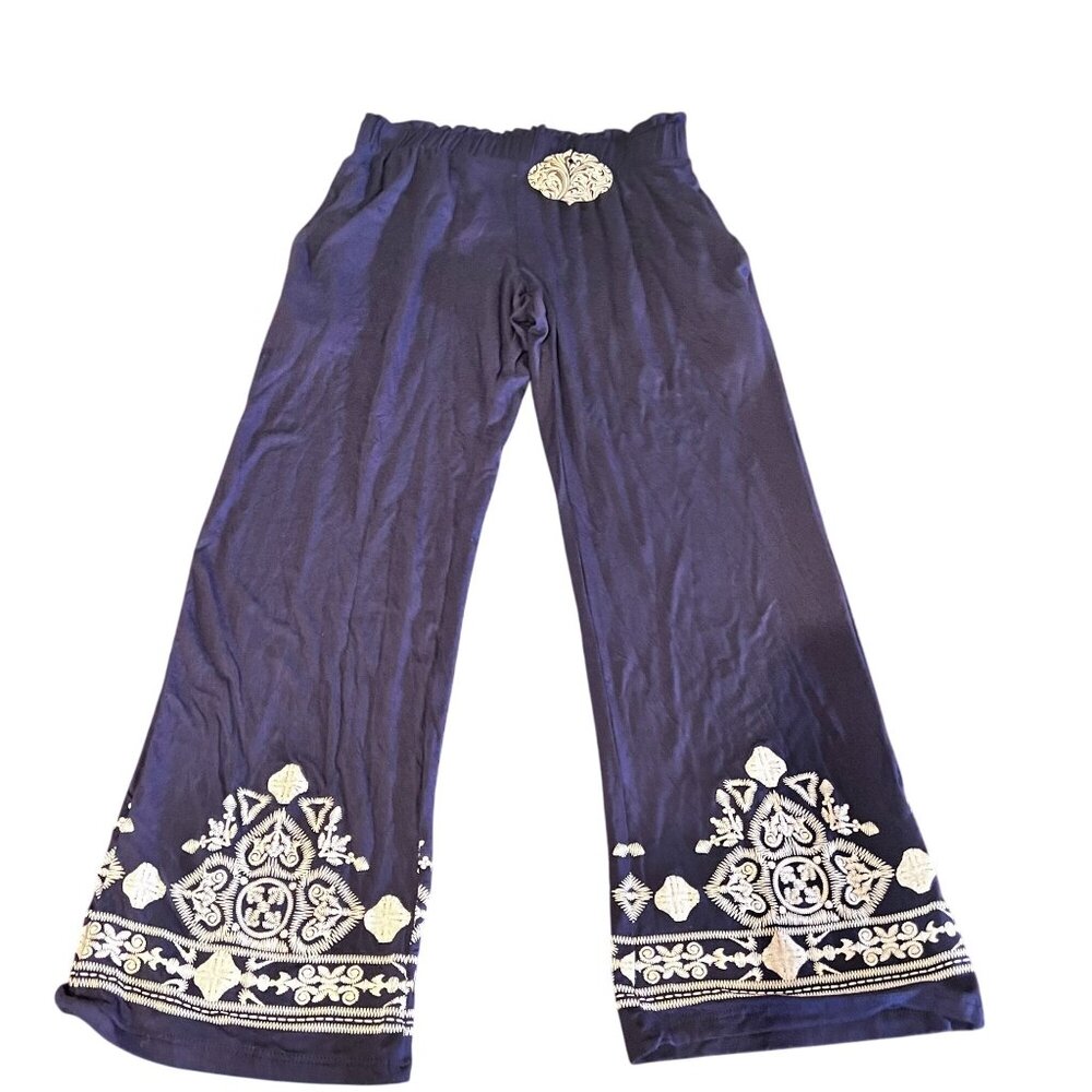 Heimish U.S.A. Womens Wide-Leg Pants W/‎ White Embroidered Blue size S